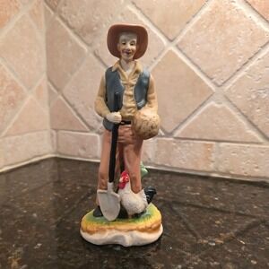 Vintage Hand Painted Porcelain Farmer Figurine Rooster Shovel 7" Home Interiors